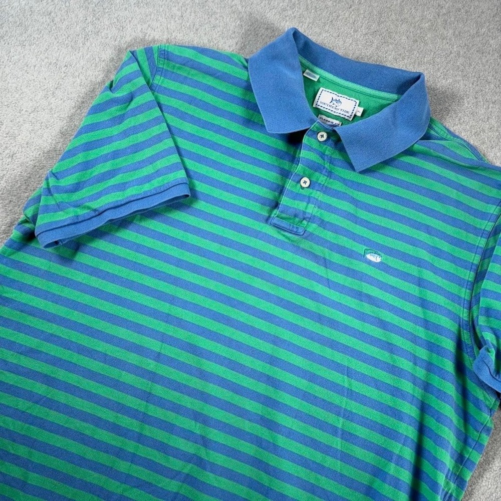 Southern Tide Polo Shirt Mens XL Blue Green Striped Skipjack Logo Classic Fit